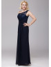 One Shoulder Navy Blue Lace Chiffon Long Bridesmaid Dress